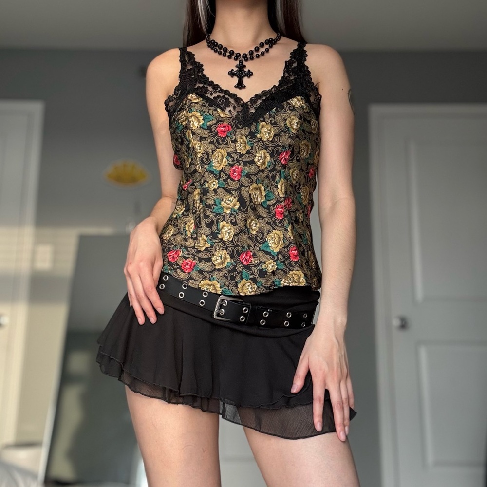 Vintage Silkscreen Graphic Floral 100% Silk Sheer Lace Trim Corset Cami